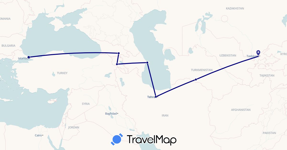 TravelMap itinerary: driving in Armenia, Azerbaijan, Georgia, Iran, Turkmenistan, Turkey, Uzbekistan (Asia)